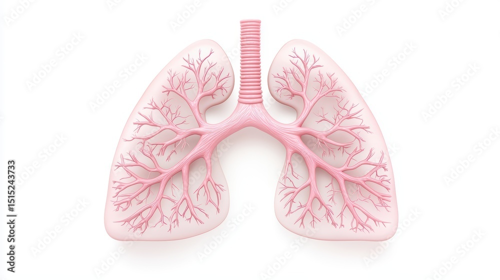 Anatomical illustration of human lungs with bronchial tree structure in pink color scheme on white background Anatomical illustration of human lungs with bronchial tree structure in pink color scheme on white background