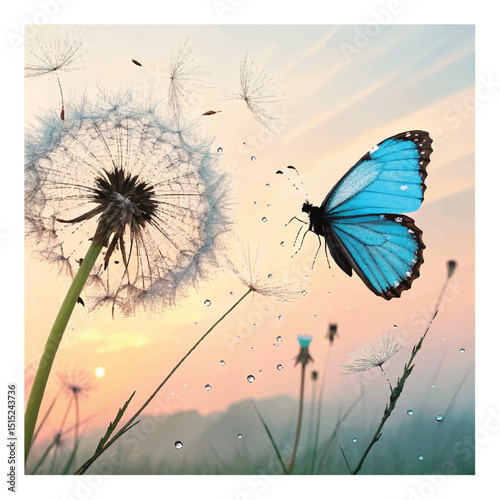 Natural pastel background. Morpho butterfly and dandelion. Seeds of a dandelion flower in drops of water on a background of sunrise.
