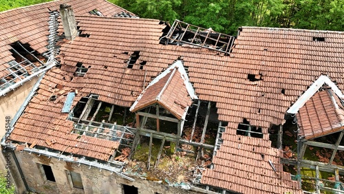 an old collapsed tiled roof as an aerial photograph	