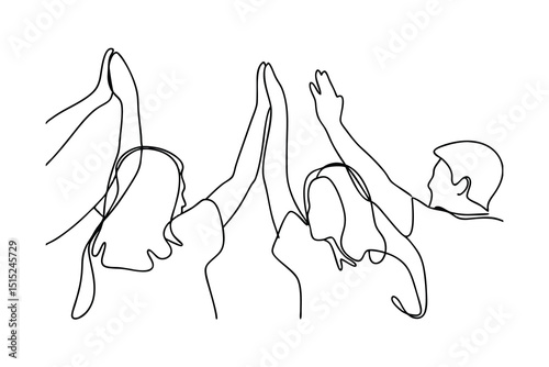 Continuous line drawing three friends high five teamwork success