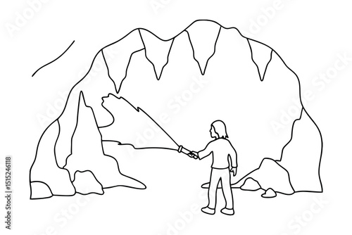 Person exploring a cave continuous line drawing illustration