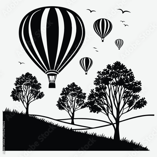 Hot air balloons floating in the sky at dawn silhouette image vector art and illustration