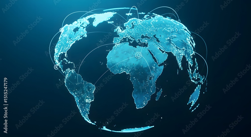 Fototapeta premium Glowing World Globe Network Connecting Continents on Dark Background