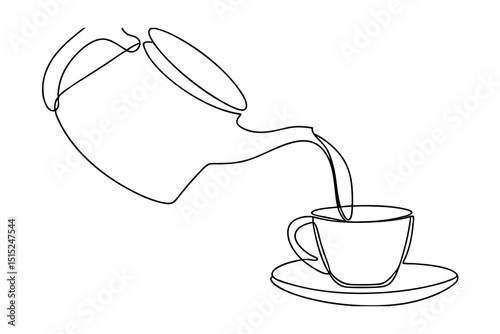 Continuous line drawing teapot pouring tea cup