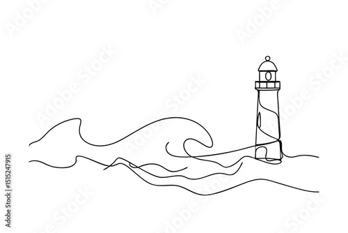Continuous line drawing lighthouse ocean waves minimalist art