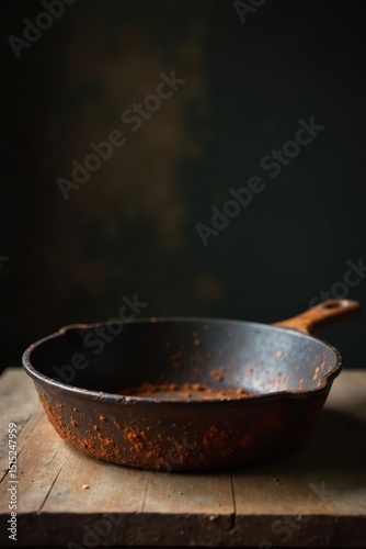 A rustic seasoned cast iron skillet rests on a weathered wooden surface against a dark backdrop