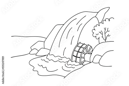 Continuous line drawing waterfall mill nature scene