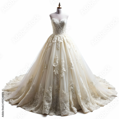Luxurious wedding dress with lace details on a mannequin against white background
