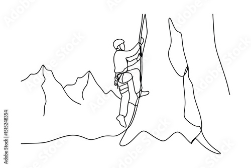 Continuous line drawing climber ascending mountain face