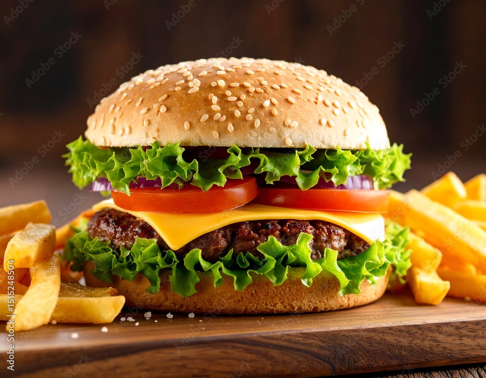 Delicious burger and fries Delicious burger and fries