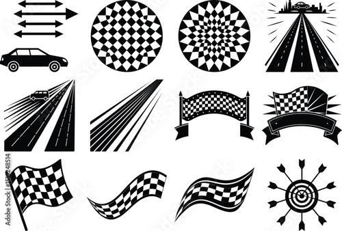 Racing Stripe Vector Set with Flags, Checkered Patterns, Speed Lines, Arrows, and Motorsport Banners
