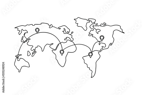 Continous line drawing world map global connections