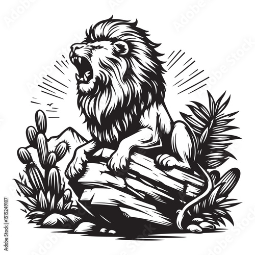 Lion roaring on a rock, vector image suitable for coloring books