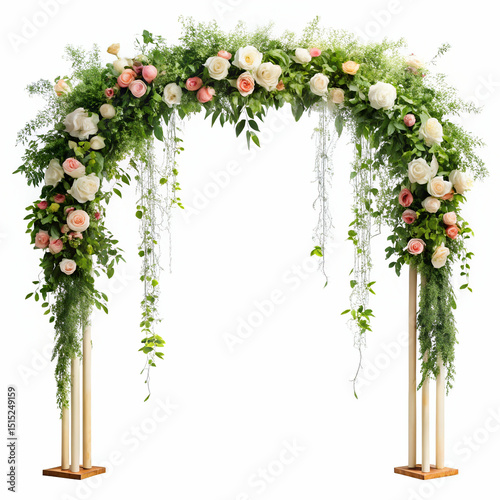 Elegant wedding archway adorned with roses and verdant greenery isolated on white photo