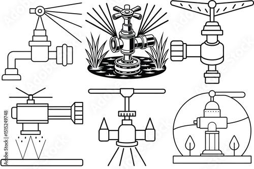 Sprinkler system outline vector illustration isolated on white background.