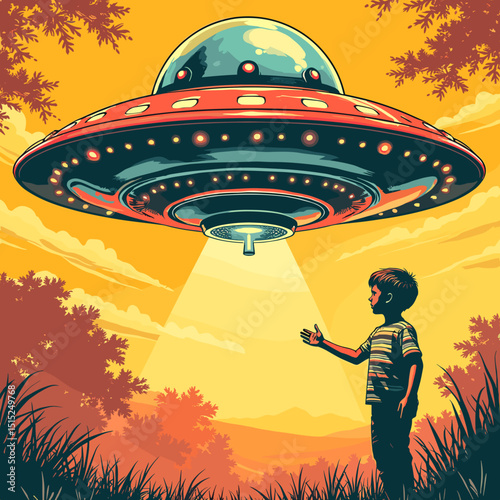 Illustration of a boy reaching out to a flying saucer in a vibrant sunset landscape