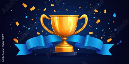 Golden trophy with blue ribbon and confetti on dark background for celebration and achievement photo