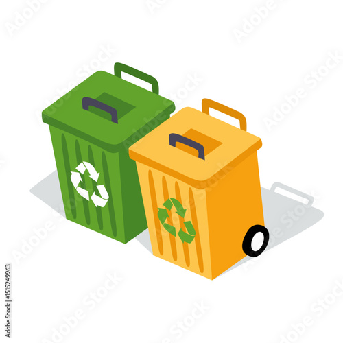 Isometric vector illustration for environmental themes, waste management, sustainability concepts, infographics, web design elements, educational materials related to recycling and eco-friendliness.