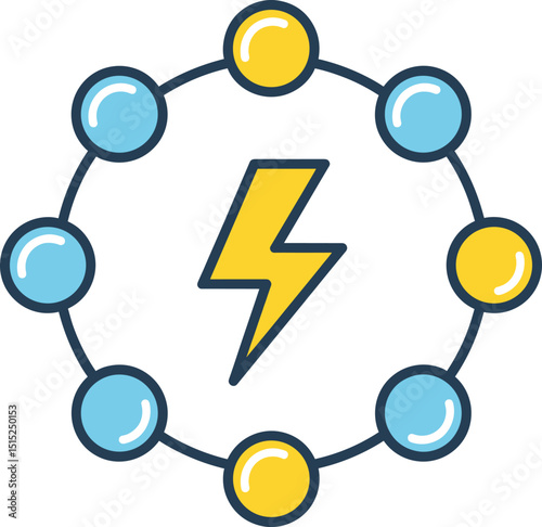 Lightning Bolt Network Icon - Abstract circular design representing speed, technology, and connectivity with a central yellow lightning symbol and surrounding blue and yellow nodes.