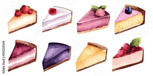 Set watercolor cheesecake slices with topping isolated on transparent background