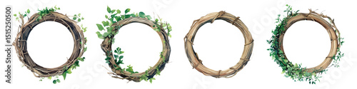 Set watercolor circle round frames wooden vines root green leaves isolated on transparent background