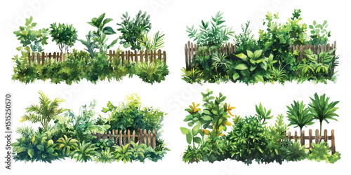 Set watercolor tropical green bushes shapes arrangements with wooden fence isolated on transparent background