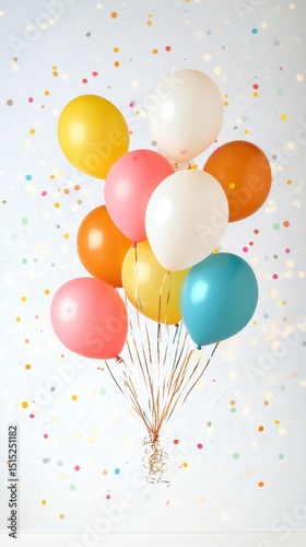 Colorful balloons floating amidst confetti for a festive celebration