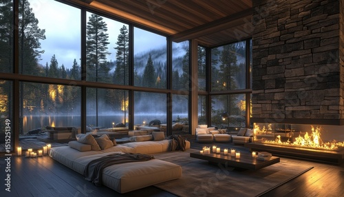 Cozy lakeside retreat with fireplace and scenic forest views at dusk