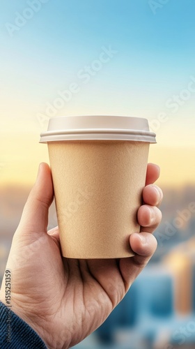 Hand holding eco-friendly coffee cup against vibrant urban skyline at sunrise