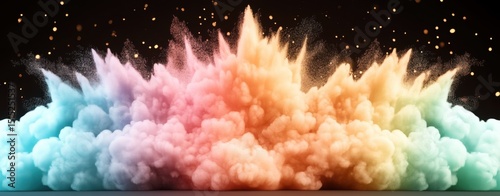 Vibrant colorful smoke explosion with golden sparks against black background
