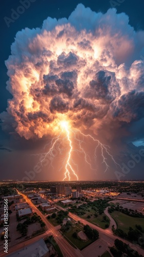 Spectacular lightning storm over cityscape at dusk captured in dramatic cloud formation