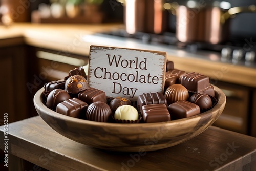A wooden bowl filled with assorted chocolates and a world chocolate day sign on top