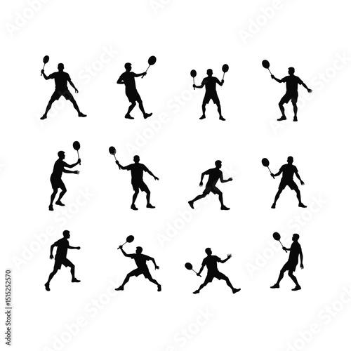 Badminton male player set silhouettes action poses sports