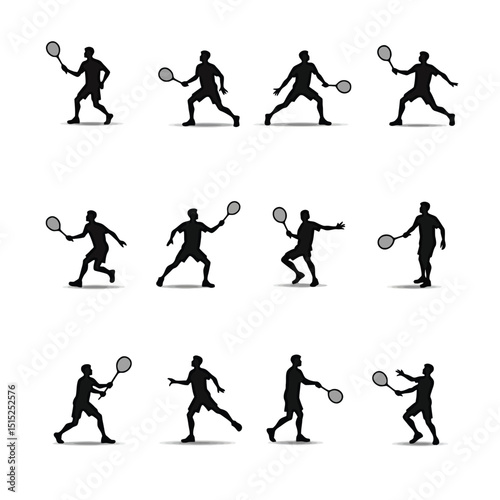 Badminton male player set silhouettes action poses