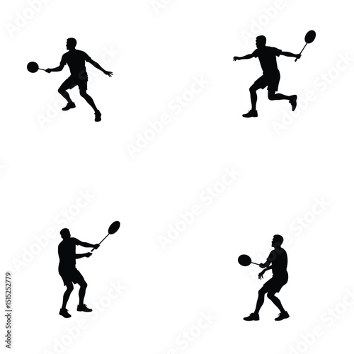 Badminton male player silhouettes action set sport
