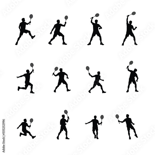 Badminton male player silhouettes action poses set