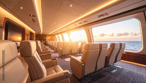 Luxurious Private Jet Cabin Sunset View Comfortable Seating Ocean Cruise.