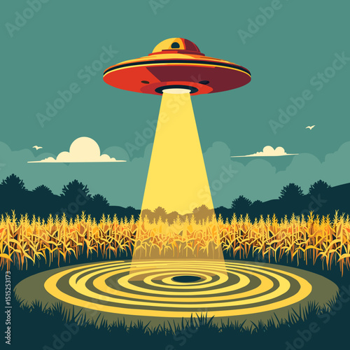 Mysterious illustration of a flying saucer beaming light onto a cornfield at dusk