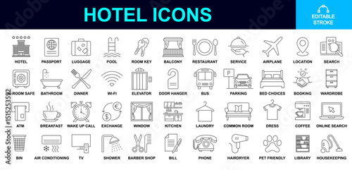 hotel icon set. hotel elements thin line icons large collection. hotel icons editable stroke reflecting holiday, lifestyles, travel, relaxation, trip, exploration, comfort, tour, transport etc concept