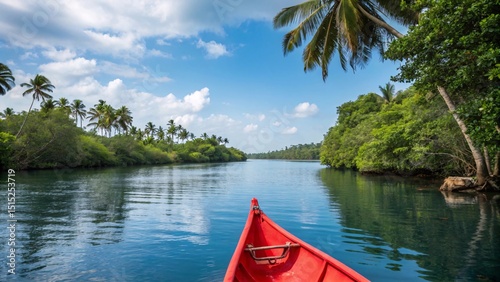 Red Canoe on Tranquil Blue River Amid Tropical Greenery V4
