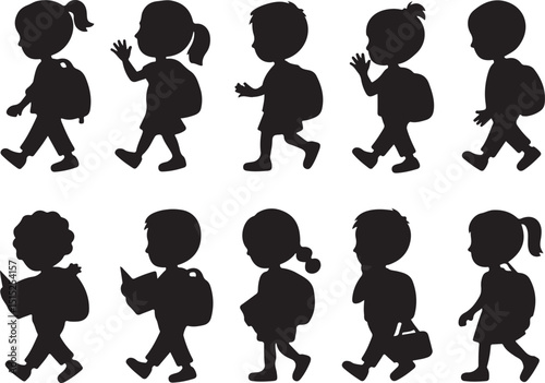 A collection of black silhouette illustrations of children walking, back to school, carrying backpacks and books.