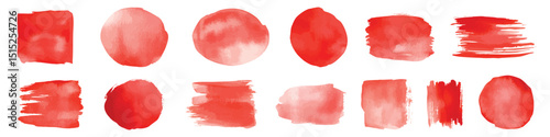 Set watercolor red paint brush ink strokes in circles and rectangles shapes isolated on transparent background