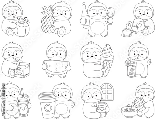 Outline of Cute sloth vector icon. Coloring book of Funny baby sloth animal.