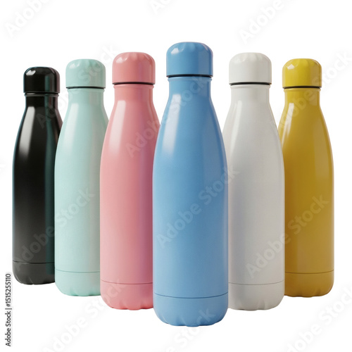Colorful stainless steel water bottles reusable insulated metal flask for travel gym and outdoor activities on transparent background