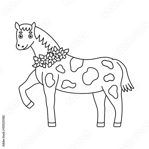 Cute outline horse with flower wreath isolated on white background. Doodle illustration of domestic animal for children's coloring books