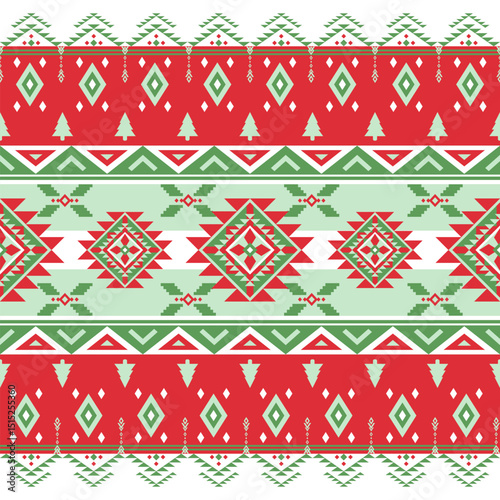 Festive Red Green Geometric Ethnic Pattern Native American Style Fabric Carpet Vector