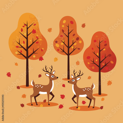 Two deer with spots walk among the colorful autumn leaves and trees in this cute illustration.