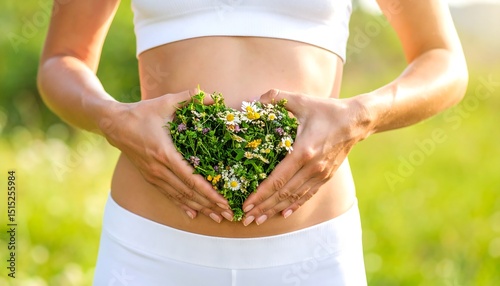 Healthy Gut with Woman, Flowers, and Nature.