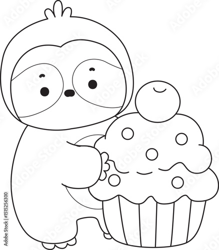Outline of Cute sloth vector icon. Coloring book of Funny baby sloth animal.