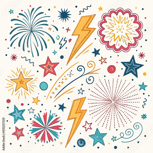 Seamless flower, star, and fireworks vector patterns for spring and summer floral design or vintage Christmas decoration